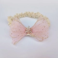 Detail of baby headband featuring beige lace and a pink mesh bow with a crown charm - Crown R-Style / Pink
