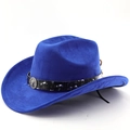 Close-up of royal blue suede cowboy hat featuring a black band with a silver lion head buckle - M (56-58cm) / Sapphire Blue