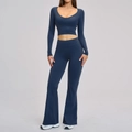 Navy blue brushed yoga set with long sleeve crop top and high-waist flared yoga pants - 3109 Long-sleeved Shirt + 3109 Flared Pants - Badge Blue