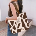 Beige canvas tote bag featuring geometric patterns and a cute bear design with brown strap - Good Dream Bear-Khaki