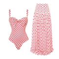 Detailoverzicht van witte bikiniset met rode stippen en bijpassende lange strokenrok - S / Roze Polka Dot Badpak uit één stuk Rok Set