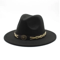 Black wool fedora with wide brim, leather band, and vintage metal ox head emblem - M (56-58cm) / Black