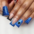 Short square press-on nails with blue and black tiger stripes and star patterns - BZ1427 Deep Blue Star / Jelly Glue + Nail File
