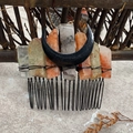 Macro detail of natural amethyst crystals and black moon on a handmade bridal hair comb - All Black Hair Comb Black Moon