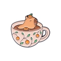 Enamel pin of cartoon capybara in a pink coffee cup with orange details and floral vine - Capybara Coffee Cup Style (QHXZ1861)