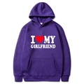 Purple oversized hoodie with I Love My Girlfriend print and red heart detail - S / Tops / Purple