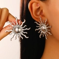 Exaggerated silver sun stud earrings with vintage sunburst pattern for stylish women - Sunburst Shape Earrings (10857) / Silver