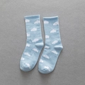 Sky blue mid-calf socks featuring white cloud patterns and a ribbed knit cuff - One Size / Sky Blue