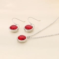Three-piece stainless steel jewelry set with silver finish and round red zircon pendants - 2-Piece Set (Necklace+Earrings) / Steel Red