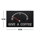 Detail view of coffee fuel gauge embroidered patch measuring 8cm by 5cm with dimensions - Give A Coffee (Black/White)