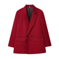 Detailed view of red double-breasted blazer showing fabric texture and flap pockets - Red
