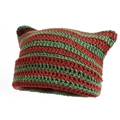 Handmade knitted cat ear beanie with festive red and green stripes in crochet wool - One Size / Red and Green