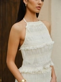 Witte maxi-jurk met halternek, plissé-details en ruches voor een luxe strandvakantie-look - S / Witte Top