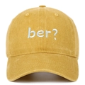 Close-up of light blue 3D embroidered ber question mark on yellow cotton baseball cap - Yellow