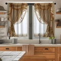 Detail of elegant gold kitchen cafe curtains with luxury embroidery and tassel fringes - 1.6m x 1m (2 Pieces) / Gold Valance Set