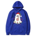 Blue Christmas hoodie featuring a festive ghost print with snow and holiday lights - Blue