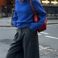 Minimalist blue crew neck long sleeve knit sweater paired with grey wide leg trousers - S / Blue