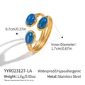 Adjustable golden stainless steel ring with three oval blue natural stones - Three Stone Oval Blue Gemstone Style (YYR023127-LA)