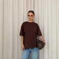 Dark brown short sleeve T-shirt featuring elegant lace trim and soft cotton texture - S / Brown