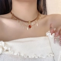 Retro necklace featuring brown leather cord, gold leaf charms and red teardrop pendant - Maillard Necklace X3688