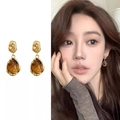 Gold-plated vintage oval tiger eye stone earrings with silver pins for women - 2# Gold Irregular Frame Amber Waterdrop Dangles