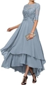 Detail view of grey-blue floral lace bodice and layered chiffon skirt evening gown - US 2 / Bottoms / Grey Blue
