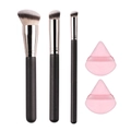 Black handle makeup brush set with gradient bristles and pink powder puffs - 3 Brushes + 2 Triangle Powder Puffs Set