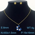 Golden titanium steel set with blue petal pendant necklace and matching stud earrings - Necklace + Earrings Set / Blue & White (KS201524-GG)