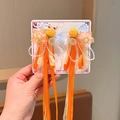 Handmade Chinese style tassel hair clips in orange and blue for girl Hanfu outfits - 30# Orange Flower Long Ribbon