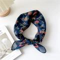 Navy blue floral cotton linen small square scarf tied in a stylish decorative knot - 18 Cotton - Gardenia Navy Blue