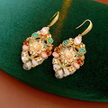 Detailed close-up of vintage drop earrings with colorful crystals on dark velvet - Ear Hook-Pink-Black