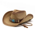 Western straw cowboy hat with turquoise ethnic band and adjustable chin strap - M(56-58cm) / Natural Turquoise Decor Style (1)