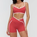 Brick red yoga set with V-neck sports bra and high-waisted shorts with white piping - S / V-Neck Strappy Bra & Shorts Set / Raspberry Red