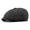 Classic dark grey newsboy cap in herringbone tweed fabric with top button and leather detail - One Size / Black
