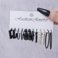 6 pairs of minimalist black C-shaped and pearl earrings set on display card - Black Pearl 6 Pairs Set (E1663-1)