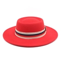 Detail of red wool felt fedora featuring a vintage blue and red patterned ribbon band - Red