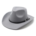 Close-up of grey wool felt cowboy hat with decorative black band and silver buckle - Light Gray