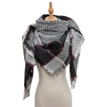 Checkered knit triangle scarf in black, white, grey, and red with fringe details - 135x135cm / White