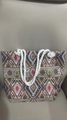 Ethnic style canvas tote bag featuring colorful geometric patterns and white rope handles - Brown Rhombus