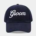 Detail view of navy blue corduroy baseball cap with white Groom script embroidery - Adjustable / Groom Navy Blue