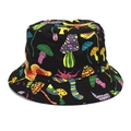 Detailed close-up of colorful mushroom print on a black cotton bucket sun hat - M (56-58cm) / Colorful Mushroom Print (8#)