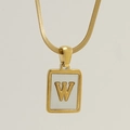 Gold rectangular shell pendant necklace with white letter W inlay on a fine chain - Letter W