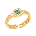 Retro gouden Cubaanse schakelring met smaragdgroene zirkoon en pave-zetting halo - Open Verstelbaar / Groen