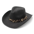 Schwarzer gewebter Western-Strohhut mit Leopardenmuster-Band und Schleifenverzierung - M (56-58cm) / Schwarz