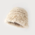 Gorro de pescador de piel sintética de conejo beige para invierno con textura suave - Talla única / Blanco Roto