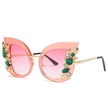 Fashionable pink cat eye sunglasses for women with floral rhinestones and gold temples - Transparent Pink Frame Gradient Pink Lens