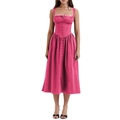 Robe midi rose à fleurs coupe trapèze avec décolleté carré et boutons brodés - XL / Rose rouge
