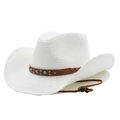 Detail of white straw cowboy hat featuring turquoise beaded band and adjustable wind rope - Pure White