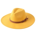 Elegant yellow 9cm wide brim felt fedora jazz hat with brown faux leather belt band - Yellow