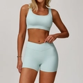Women's mint blue two-piece yoga set with V-waist shorts and sports bra for fitness - S / Top And Bottom / Bra + Shorts / Cream Green